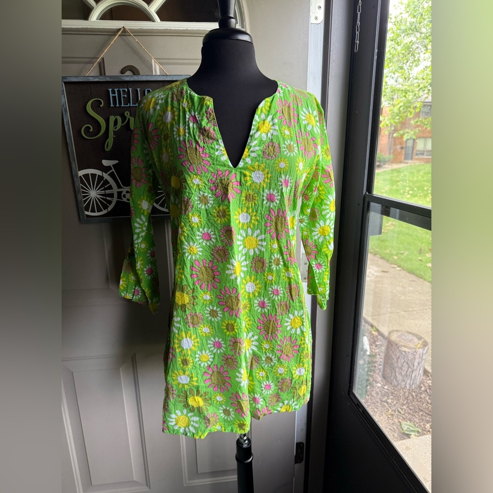 Vintage flower power green pink yellow cotton tunic, size medium